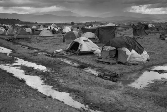 An informal refugee camp for Syrians by the closed Greek border with Macedonia